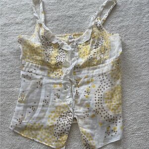 Free People Vintage Linen Cotton Ruffle Button Front Tank Top Yellow White Sz 8
